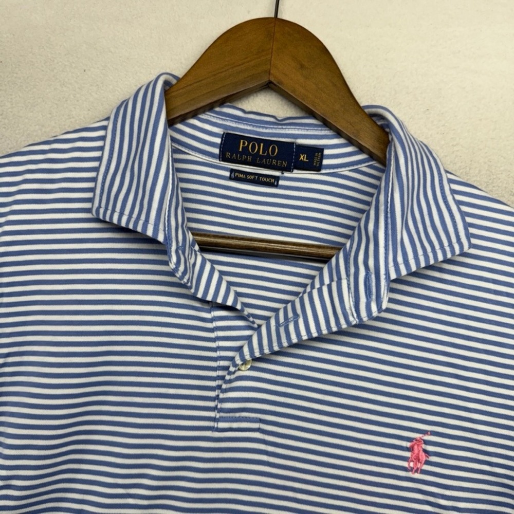 Ralph Lauren Polo Shirt Mens XL Blue White Golf Pima Soft Touch Pony Embroidered
